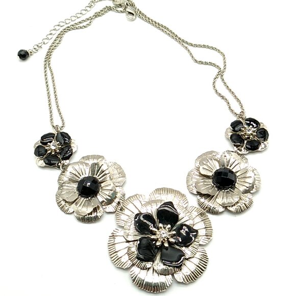 2028 Brand Metal Flower Necklace Black Silver-tone Crystal Signed - Picture 5 of 16